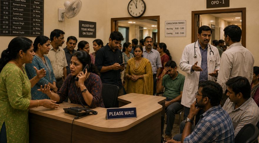 A crowded clinic front desk in the evening rush